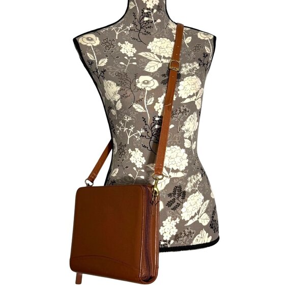 1990s FRANKLIN COVEY Crossbody Brown Leather Zip Around 7-Ring Planner 12215 USA - Picture 1 of 16